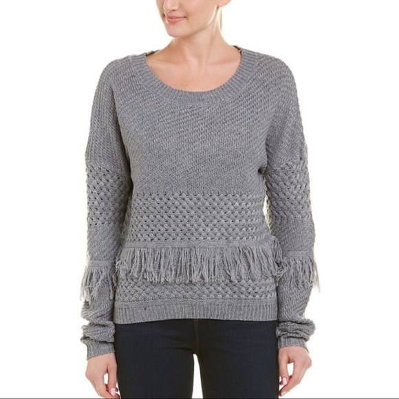 BB DAKOTA Gray Fringe Sweater Pullover Chunky Small NWT Boho Chic Fall Neutral - Picture 1 of 7